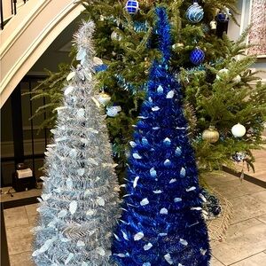 POST-Christmas CLEARANCE SALE: Blue and Silver Holiday Tinsel Trees - 4 feet